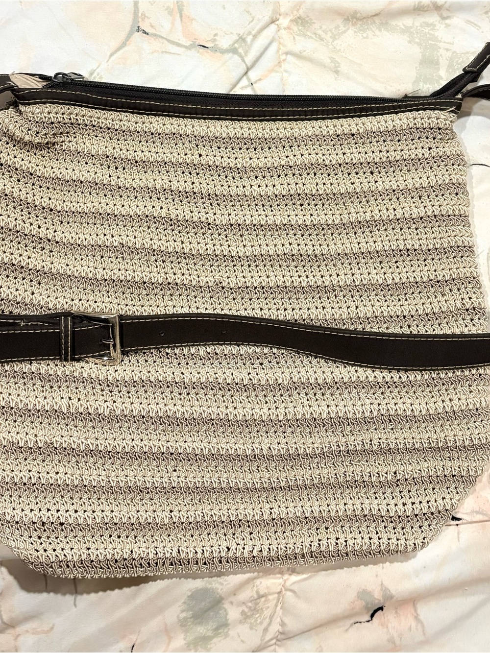 Frankie & Johnnie Woven Shoulder Bag Beige Brown Adjustable Strap Boho Purse